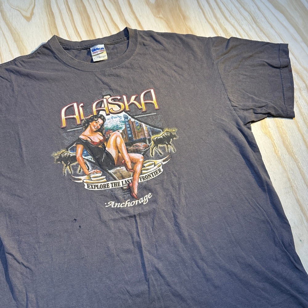 Gildan Men's Alaska Pin Up Girl Graphic Tee Grey Anchorage Last Frontier Size L